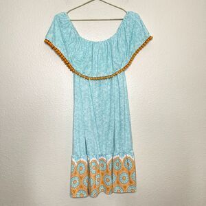 Cabana Life Dress Large Off Shoulder Tassel Pom Pom Resort Beach Cover Up Teal